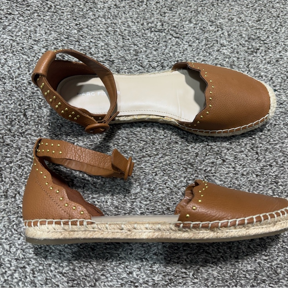 Marc Fisher Jarquis Espadrille Sandals Tan Studded Ankle Strap Size 8.5 Leather - Picture 2 of 14